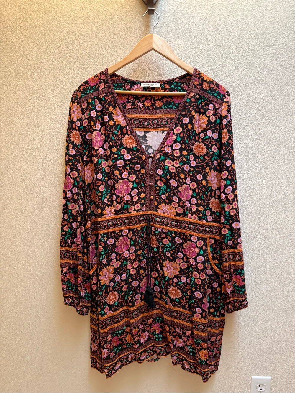 Spell Floral V-Neck Long Sleeve Dress Tunic - Black with Pink & Orange Floral